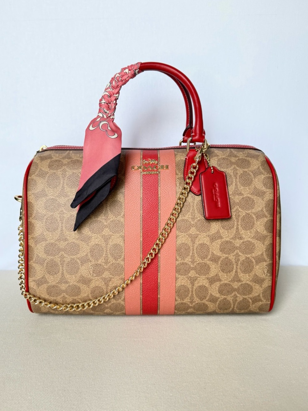 Coach Rowan Large Satchel Bag Signature  Stripe Includes Scarf & Gold Chain NWT